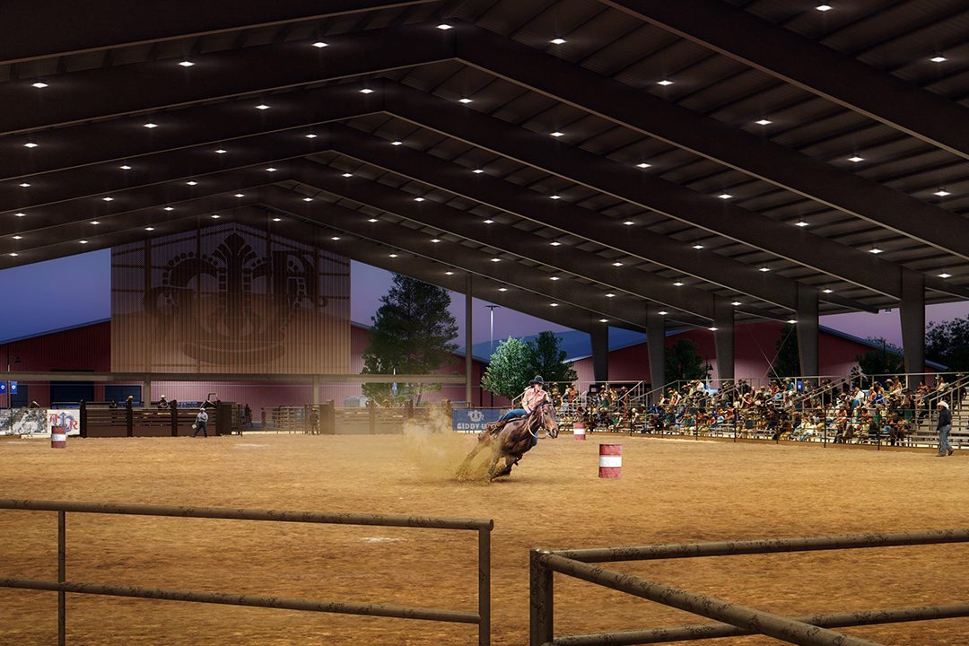 Rendering of the arena with a person on horseback competing in barrel racing.