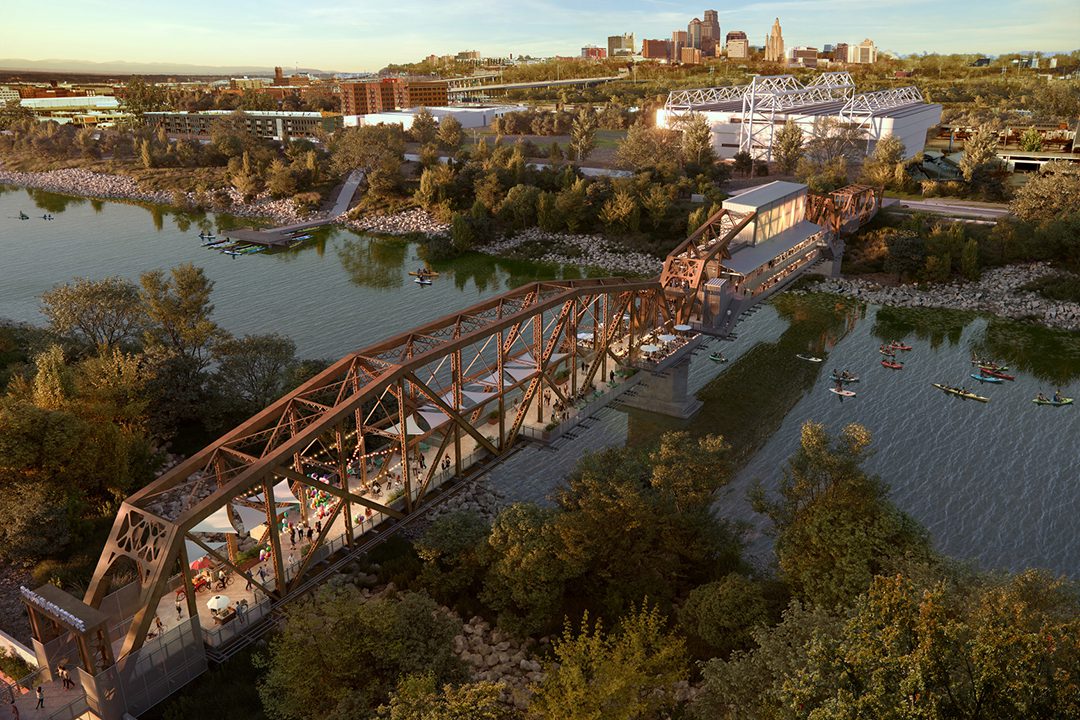Rendering of Rock Island Bridge spanning over the Kansas River. Rendering by Estudio A2T.