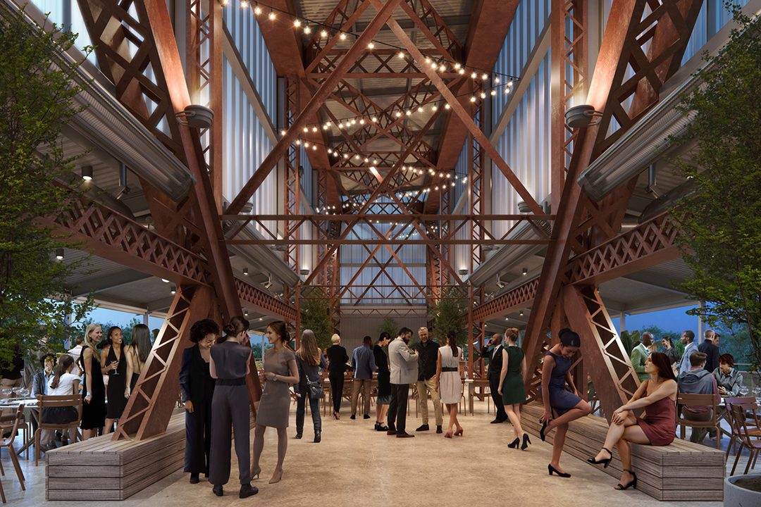 Rendering of the central truss's Top Deck event space. Rendering by Estudio A2T.