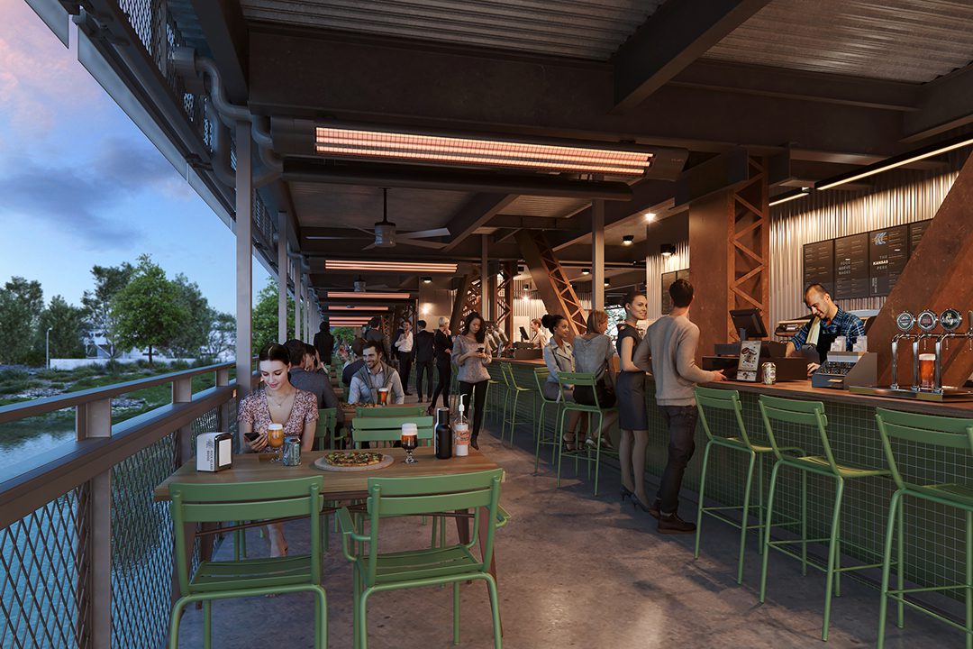 Rendering of the lower deck Entertainment District bar and dining. Rendering by Estudio A2T.