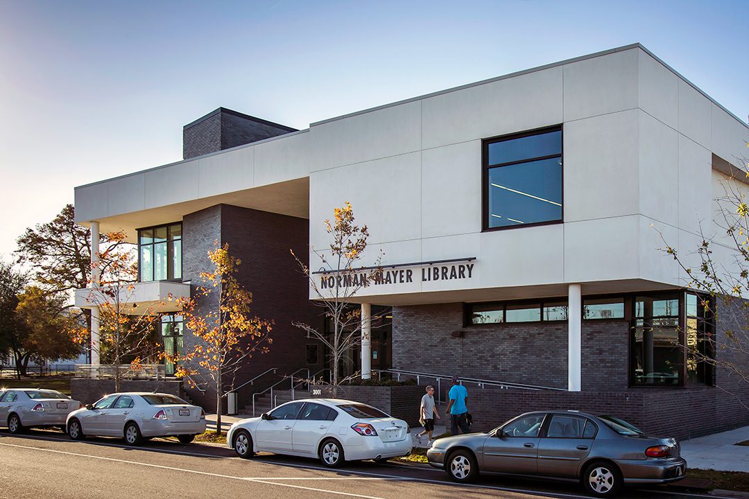 Exterior photo of the Norman Mayer Library.