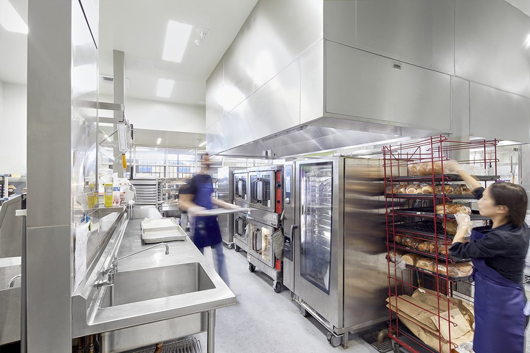Photo of the all-electric, full commercial kitchen at McAteer Culinary Center.