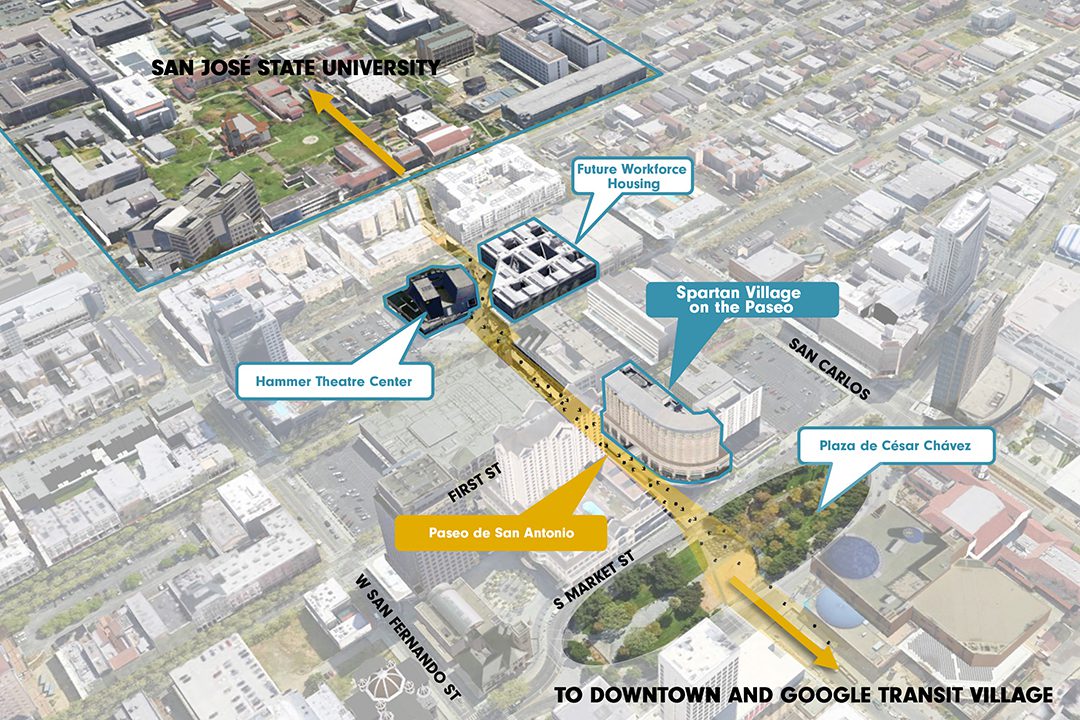 Contextual aerial diagram showing the Spartan Village on the Paseo's location on the Paseo de San Antonio, and its proximity to the Plaza de César Chávez, Hammer Theatre Center, a Future Workforce Housing site, San José State University's main campus, and downtown San José.