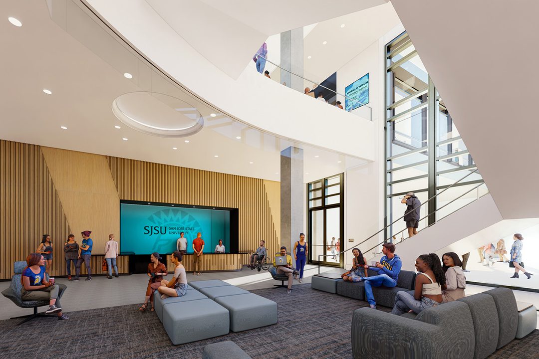 Rendering of the lobby at the SJSU Spartan Village on the Paseo.